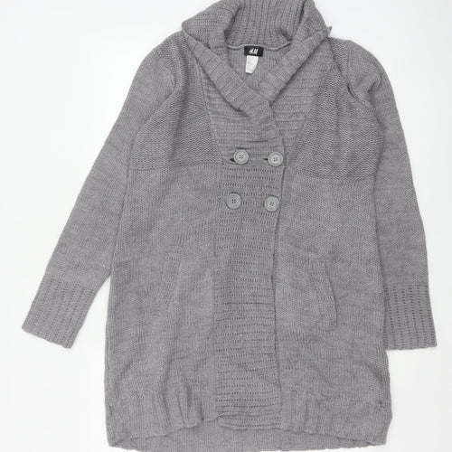 H&M Women Grey M Chunky Knit Button Cowl Neck Cardigan