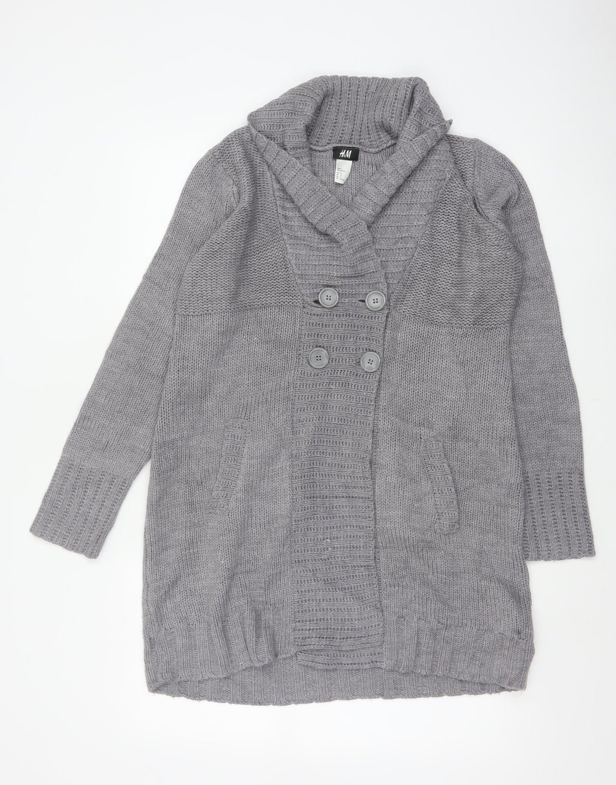 H&M Women Grey M Chunky Knit Button Cowl Neck Cardigan