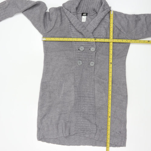 H&M Women Grey M Chunky Knit Button Cowl Neck Cardigan