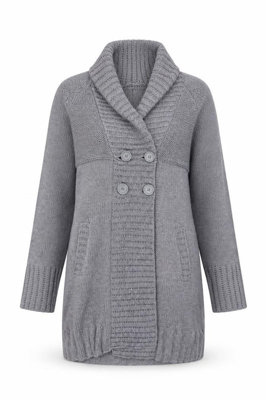 H&M Women Grey M Chunky Knit Button Cowl Neck Cardigan