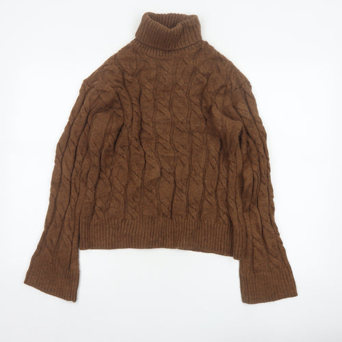 Marks and Spencer Women Brown S Cable Knit Roll Neck Jumper