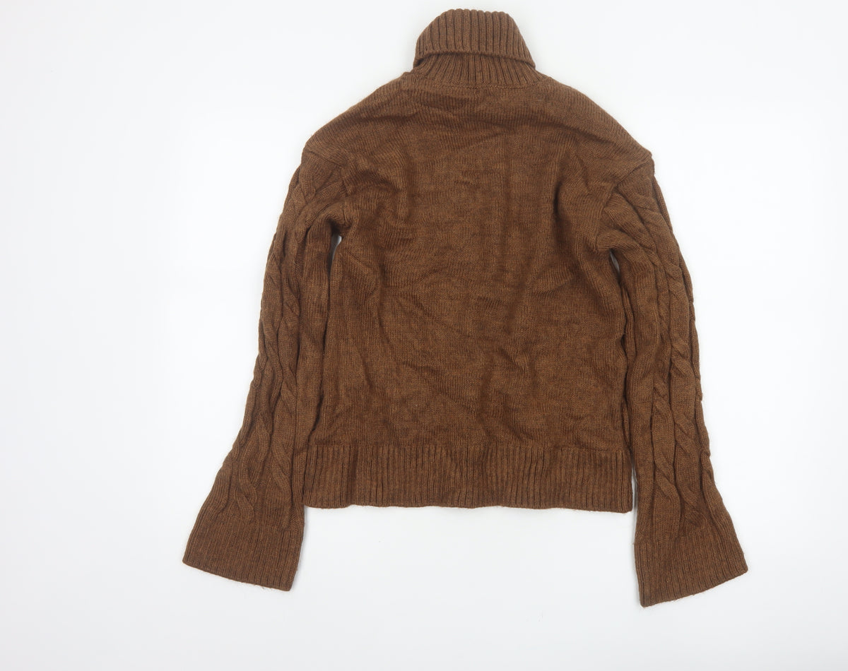 Marks and Spencer Women Brown S Cable Knit Roll Neck Jumper