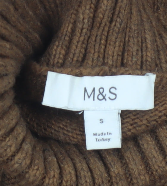 Marks and Spencer Women Brown S Cable Knit Roll Neck Jumper