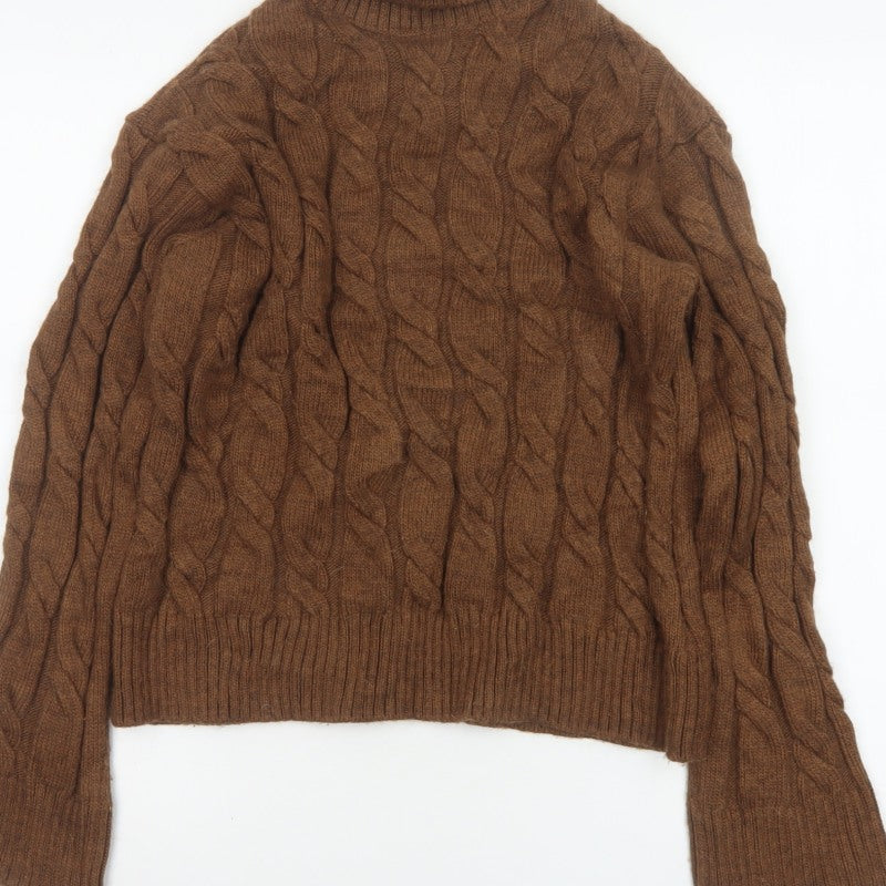 Marks and Spencer Women Brown S Cable Knit Roll Neck Jumper