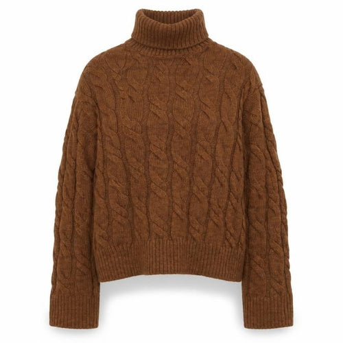 Marks and Spencer Women Brown S Cable Knit Roll Neck Jumper