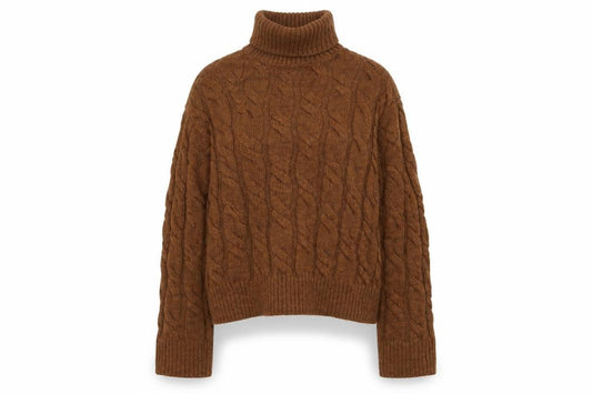 Marks and Spencer Women Brown S Cable Knit Roll Neck Jumper