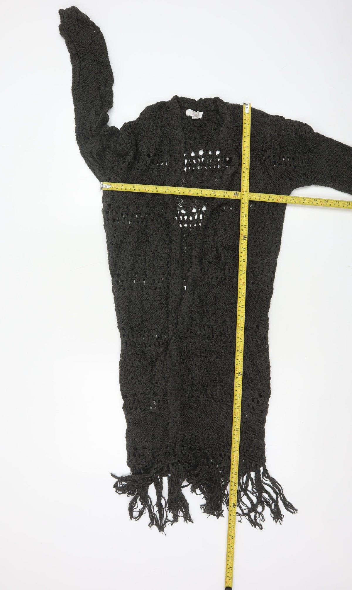 Sun & Shadow Women’s Black XS Open Knit Fringe Long Cardigan