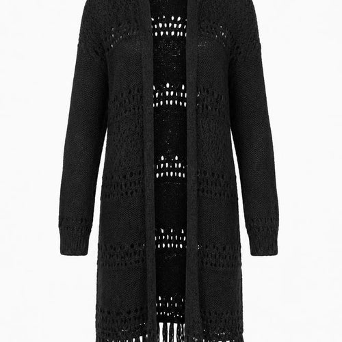 Sun & Shadow Women’s Black XS Open Knit Fringe Long Cardigan