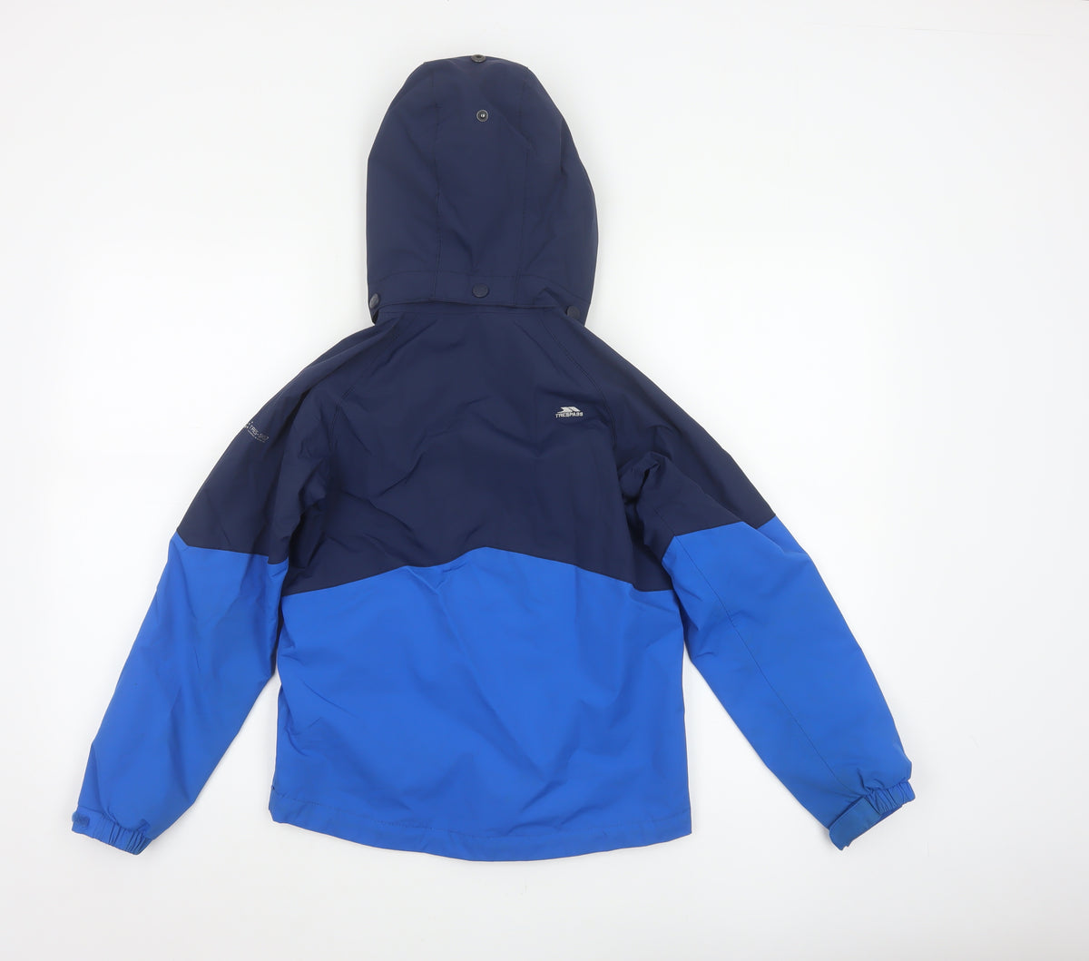 Brand and care label for Trespass boys’ blue 9-10 years ski jacket waterproof hooded