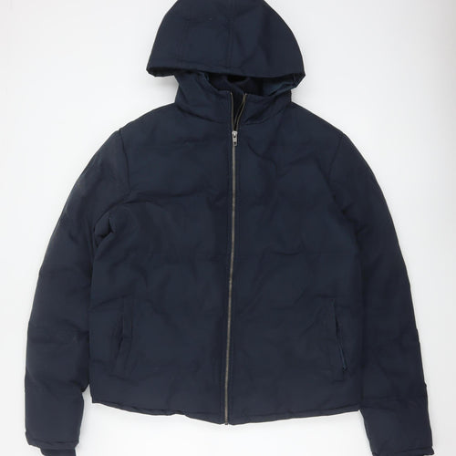 French Connection Men Blue M Puffer Jacket Hooded Insulated Full Zip
