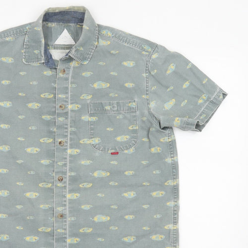 Hula Mont Men’s Blue Fish Print Short Sleeve Button-Up Shirt L