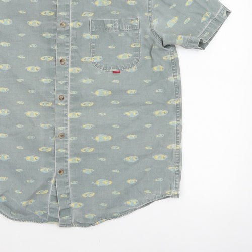 Hula Mont Men’s Blue Fish Print Short Sleeve Button-Up Shirt L