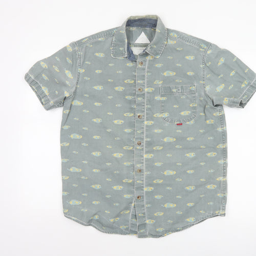 Hula Mont Men’s Blue Fish Print Short Sleeve Button-Up Shirt L