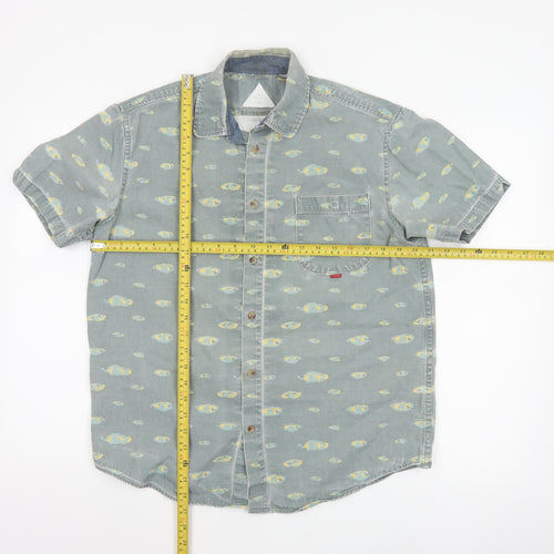 Hula Mont Men’s Blue Fish Print Short Sleeve Button-Up Shirt L