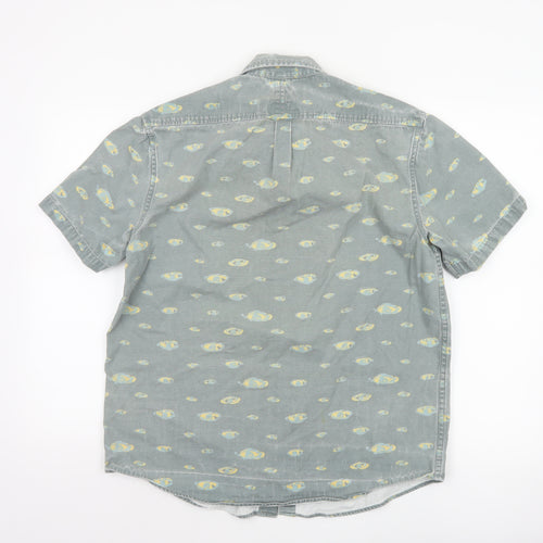 Hula Mont Men’s Blue Fish Print Short Sleeve Button-Up Shirt L