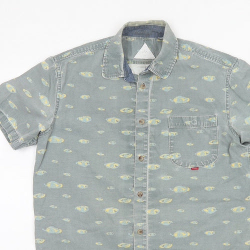 Hula Mont Men’s Blue Fish Print Short Sleeve Button-Up Shirt L