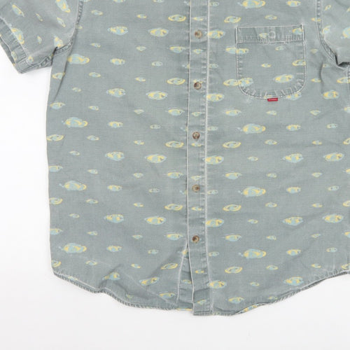Hula Mont Men’s Blue Fish Print Short Sleeve Button-Up Shirt L