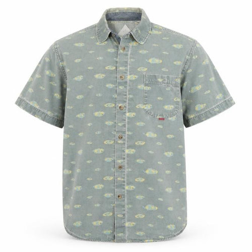 Hula Mont Men’s Blue Fish Print Short Sleeve Button-Up Shirt L