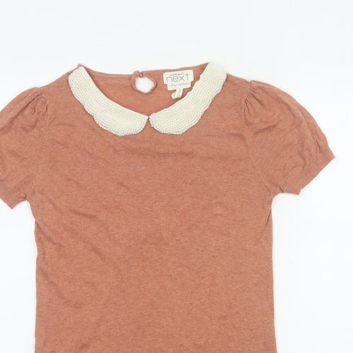 Next Women Pink Size 10 Knit Jersey Top Beaded Peter Pan Collar Puff Sleeve