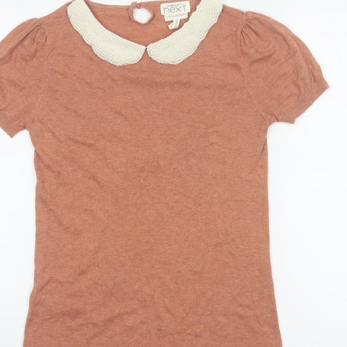 Next Women Pink Size 10 Knit Jersey Top Beaded Peter Pan Collar Puff Sleeve