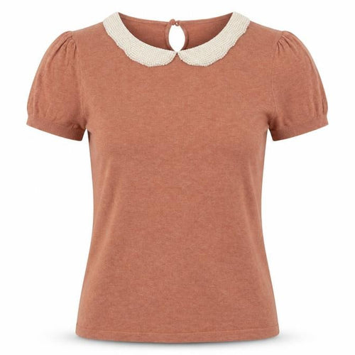 Next Women Pink Size 10 Knit Jersey Top Beaded Peter Pan Collar Puff Sleeve