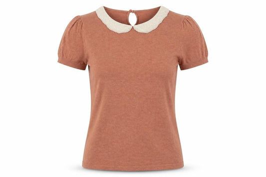 Next Women Pink Size 10 Knit Jersey Top Beaded Peter Pan Collar Puff Sleeve