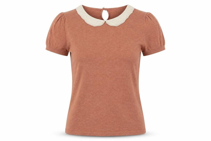 Next Women Pink Size 10 Knit Jersey Top Beaded Peter Pan Collar Puff Sleeve