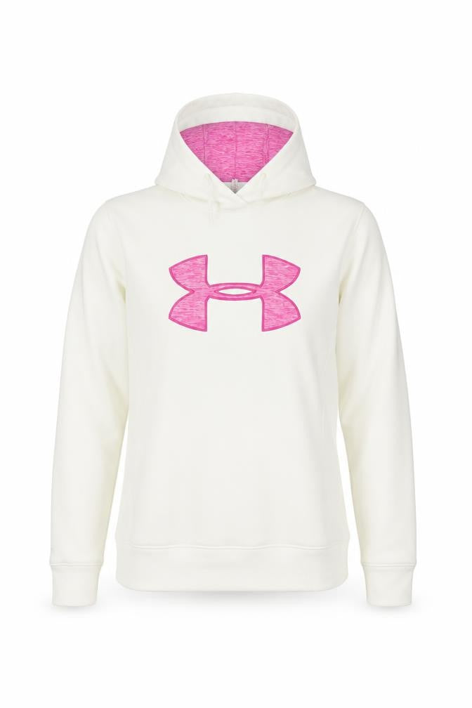 Front view of Under Armour Teens White Pink Logo Pullover Hoodie L
