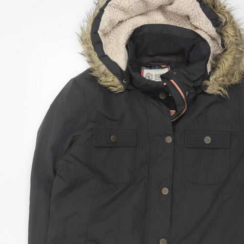 Fat Face Women's Black UK 12 Hooded Faux Fur Trim Parka Coat