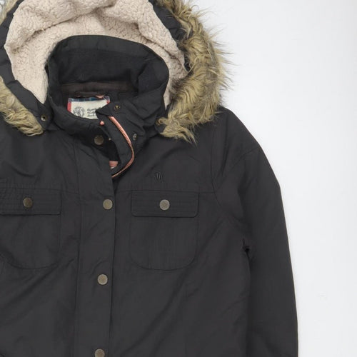 Fat Face Women's Black UK 12 Hooded Faux Fur Trim Parka Coat