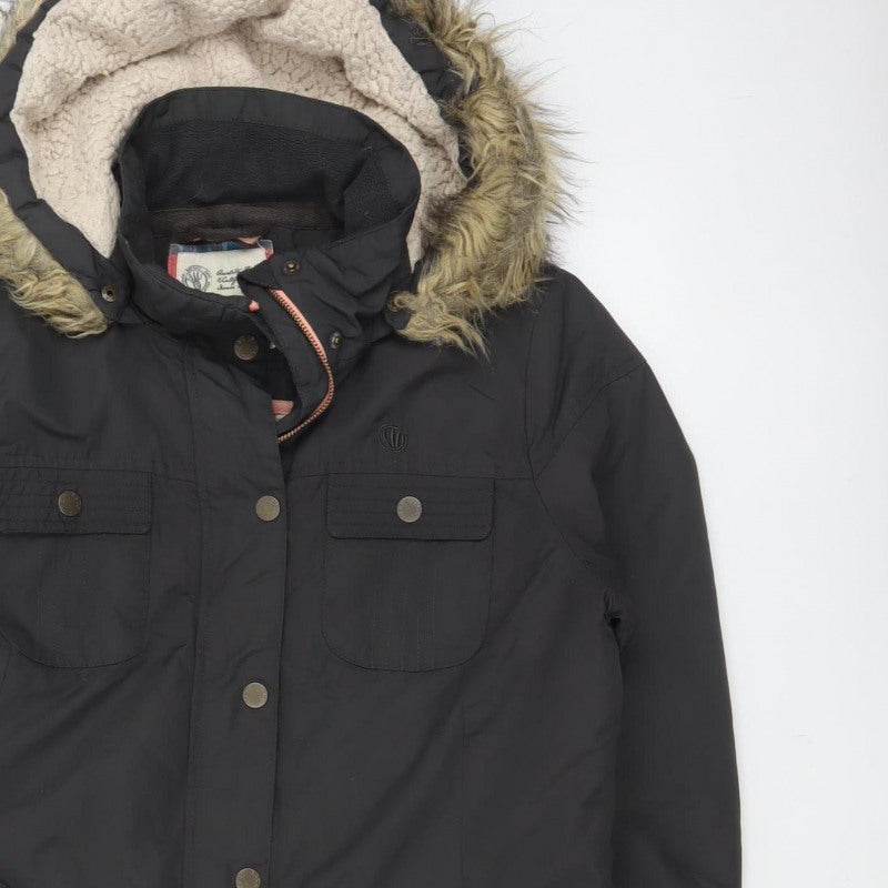 Fat Face Women's Black UK 12 Hooded Faux Fur Trim Parka Coat