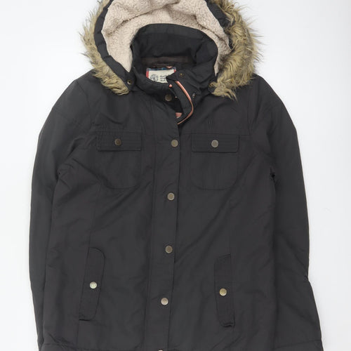 Fat Face Women's Black UK 12 Hooded Faux Fur Trim Parka Coat