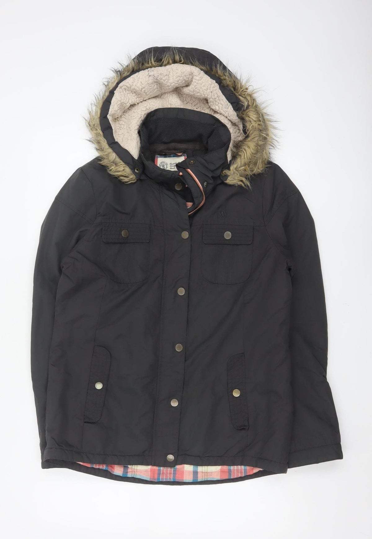 Fat Face Women's Black UK 12 Hooded Faux Fur Trim Parka Coat