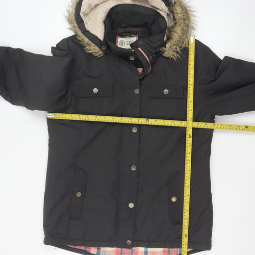 Fat Face Women's Black UK 12 Hooded Faux Fur Trim Parka Coat