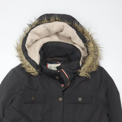 Fat Face Women's Black UK 12 Hooded Faux Fur Trim Parka Coat