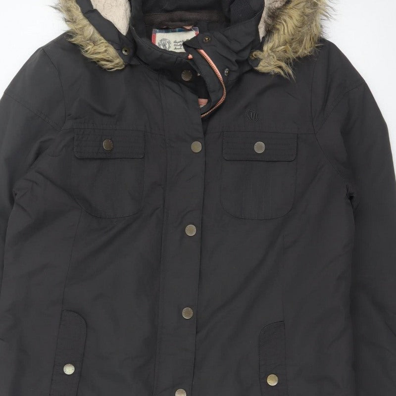 Fat Face Women's Black UK 12 Hooded Faux Fur Trim Parka Coat
