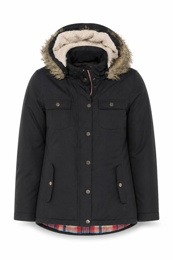 Fat Face Women's Black UK 12 Hooded Faux Fur Trim Parka Coat