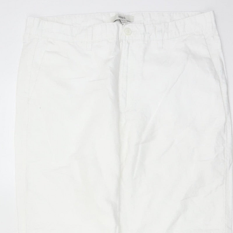 M&S Womens White Linen Cotton Chino Trousers 36in Waist 31in Leg