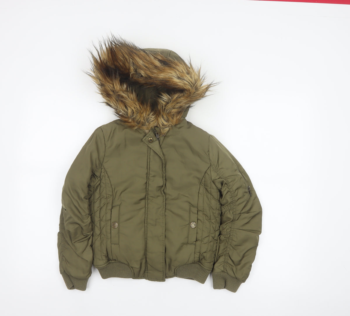 Next Girls Green Faux Fur Hood Padded Bomber Jacket Age 8 Years
