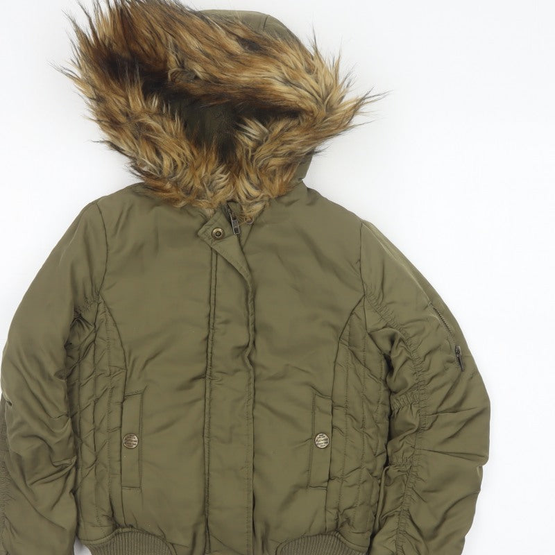 Next Girls Green Faux Fur Hood Padded Bomber Jacket Age 8 Years