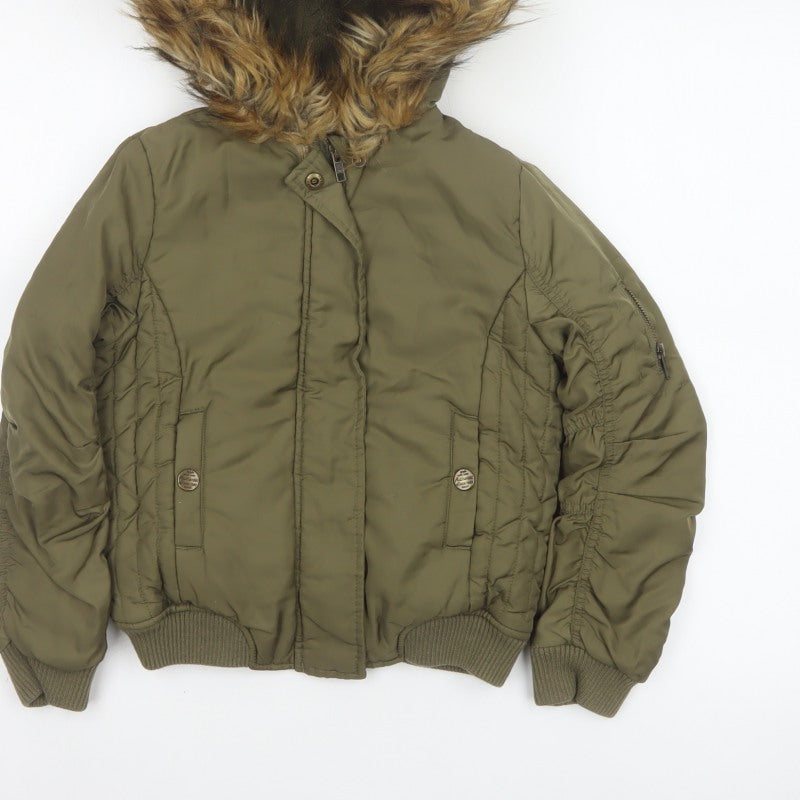 Next Girls Green Faux Fur Hood Padded Bomber Jacket Age 8 Years