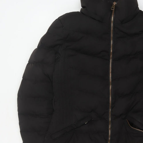 Zara Women Black M Long Quilted Puffer Coat Zip Padded Winter