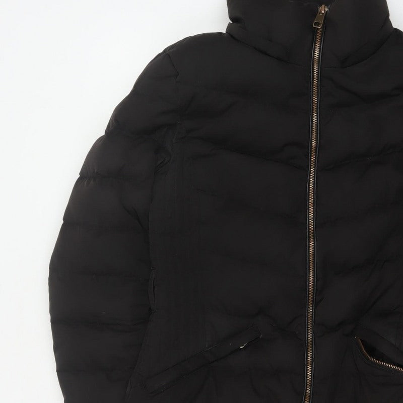 Zara Women Black M Long Quilted Puffer Coat Zip Padded Winter