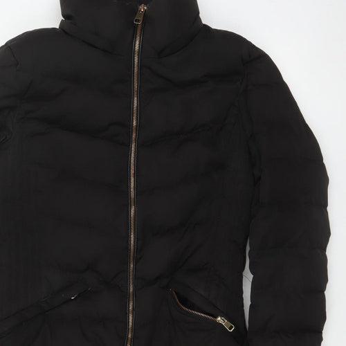 Zara Women Black M Long Quilted Puffer Coat Zip Padded Winter