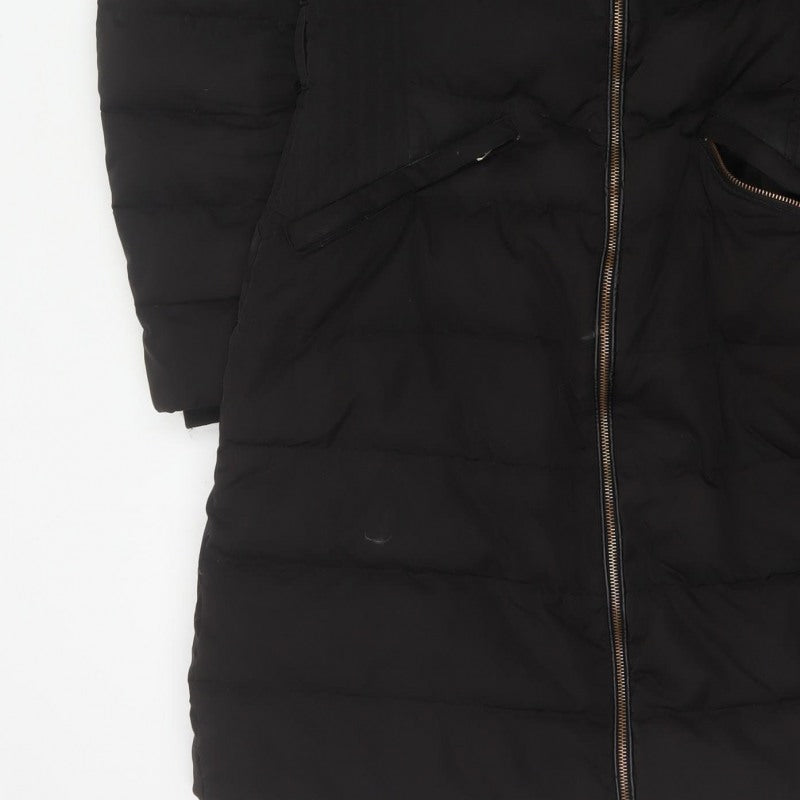 Zara Women Black M Long Quilted Puffer Coat Zip Padded Winter