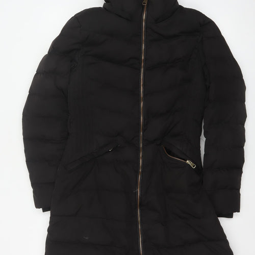 Zara Women Black M Long Quilted Puffer Coat Zip Padded Winter