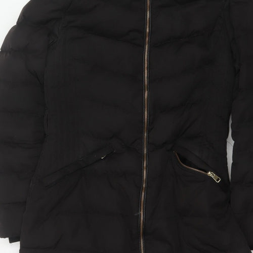 Zara Women Black M Long Quilted Puffer Coat Zip Padded Winter