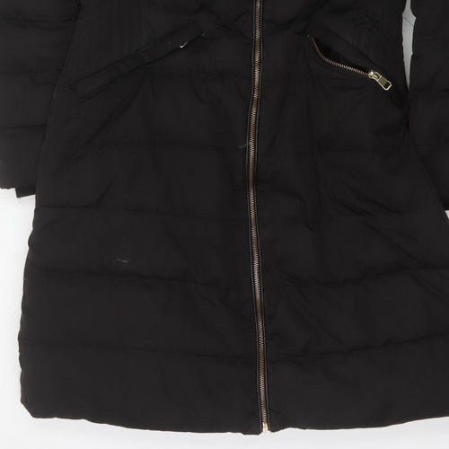 Zara Women Black M Long Quilted Puffer Coat Zip Padded Winter