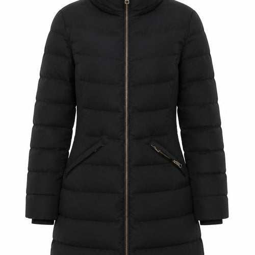 Zara Women Black M Long Quilted Puffer Coat Zip Padded Winter