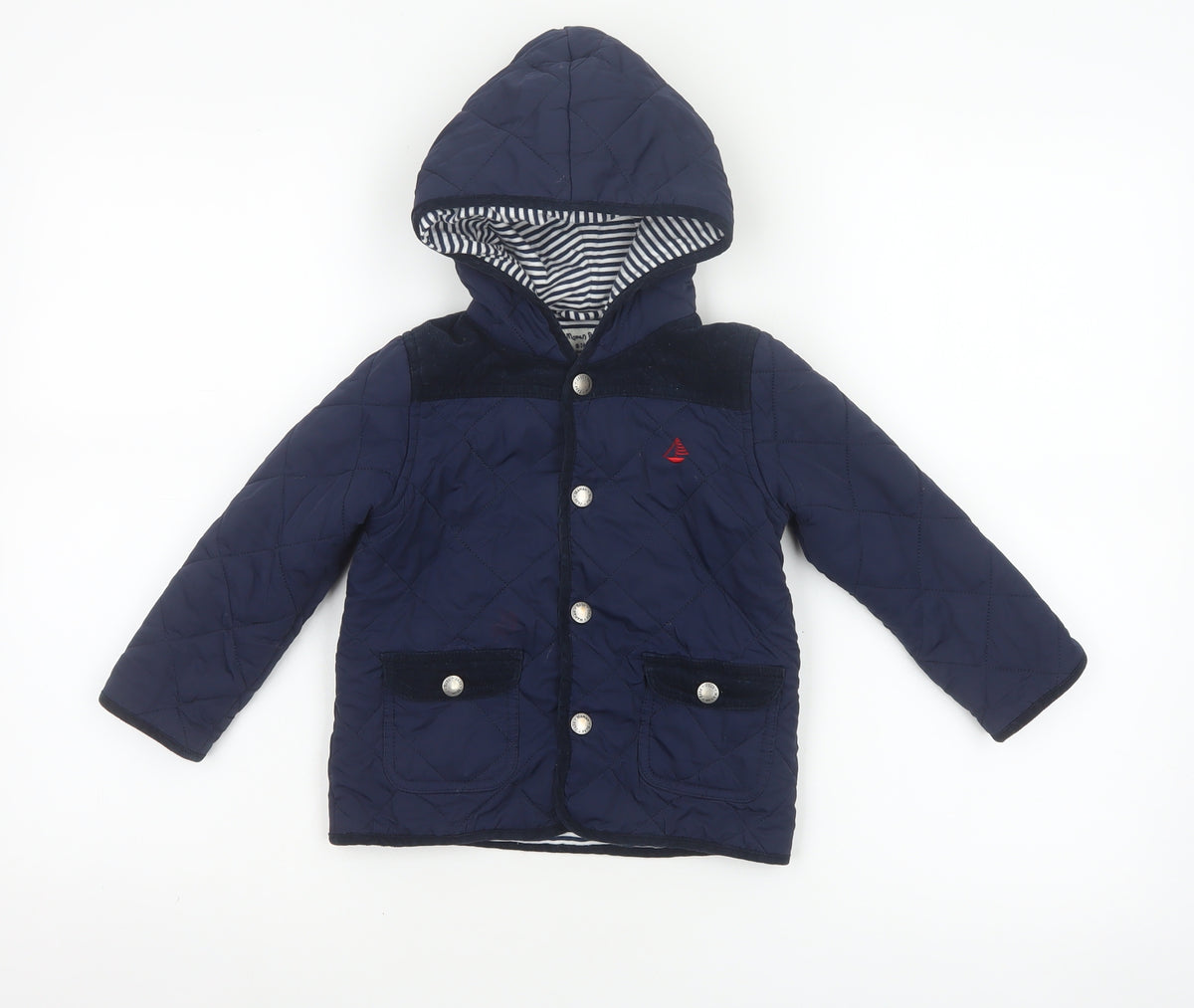 Back view of JoJo Maman Bébé boys’ blue 18-24 months quilted hooded jacket